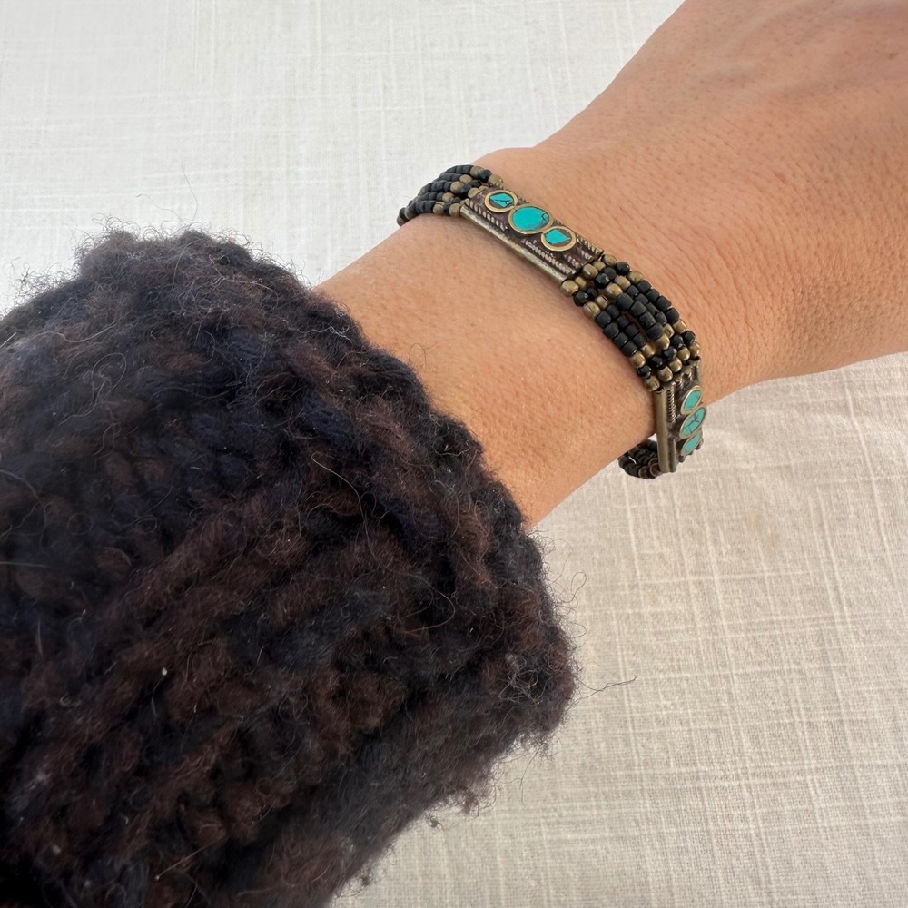 Vanessa Mooney Beaded Turquoise‎ Bracelet Charm Antique Brass Tone